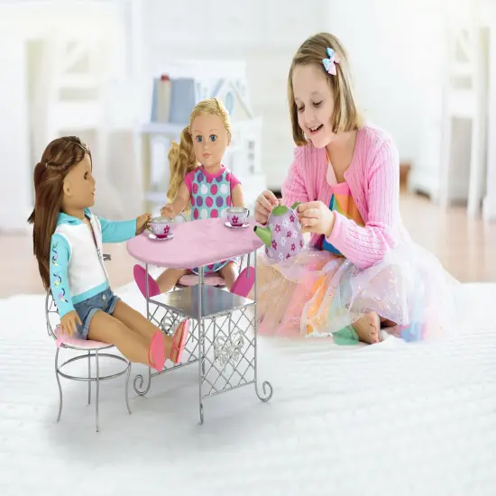 Badger Basket Tea Time Metal Doll Table and Chair Set with Accessories - Silver/Pink/Multi {2}
