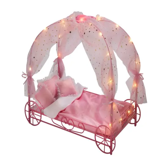 Badger Basket Royal Carriage Metal Doll Bed with Canopy, Bedding and LED Lights - Pink/White/Stars {1}