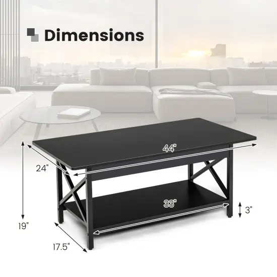 Black Wood Metal Coffee Table with Shelf, X Shaped Frame {3}
