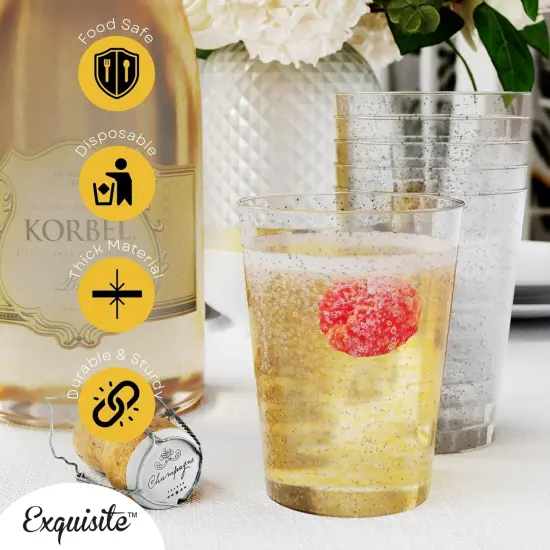 Exquisite Silver Plastic Cups Disposable, Clear Plastic Tumblers 10 Oz. 200 Ct. - Glitter Tumblers, Silver Glitter Cups Disposable For Party, Weddings, Cocktail Glasses & Wine Glasses {4}