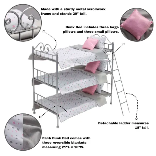 Badger Basket Scrollwork Metal Triple Doll Bunk Bed with Ladder and Bedding - Silver/Pink/Stars {3}