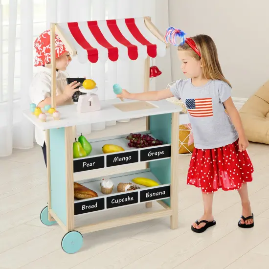 Costway Kids Ice Cream Cart Wooden Toddler Farmers Market Stand with Chalkboard & Storage White/Green {4}