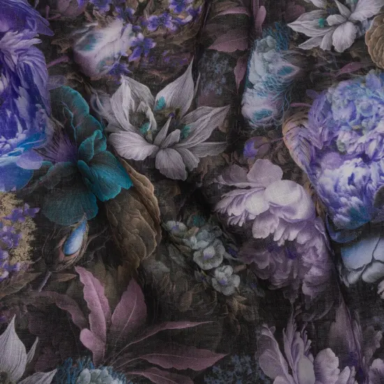 1 Yard Lilac Teal Taupe Linen Fabric Medium Weight Mythical Garden 58 inch Width {1}