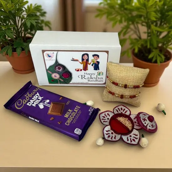 Rakhi Gift Hamper Rakhi for Brother with Gift Set - Set of 2 Rudraksha Rakhi with Haldi Kumkum Holder Roli Chawal - Raksha Bandhan Bracelet Rakhi for Bhai Bhabhi {2}