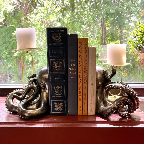 Bronze Octopus Bookends Set of 2 Nautical Polyresin Coastal Shelf Decor {7}