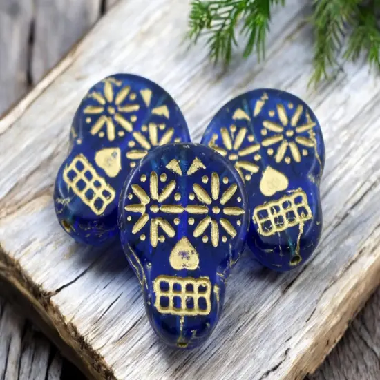 *10* 20x17mm Gold Washed Transparent Deep Blue Sugar Skull Beads {1}