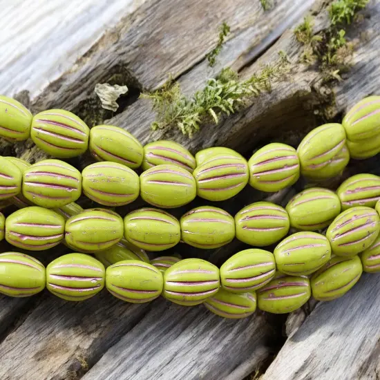 *20* 14x8mm Metallic Pink Washed Opaque Chartreuse Oval Melon Beads {4}