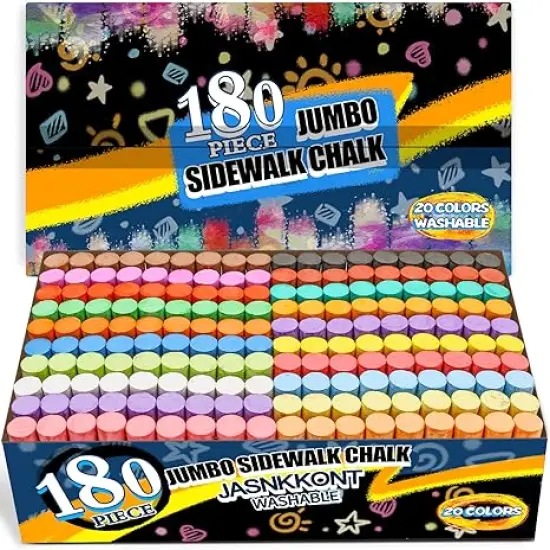 180 Pack Washable Sidewalk Chalk for Kid, 20 Colors Non-Toxic Jumbo Chalk Paint Bulk for Summer Outdoor Activity, Playground, School Classroom Chalkboard, Chalk Party Favors Set for Toddler Kids Adult {1}