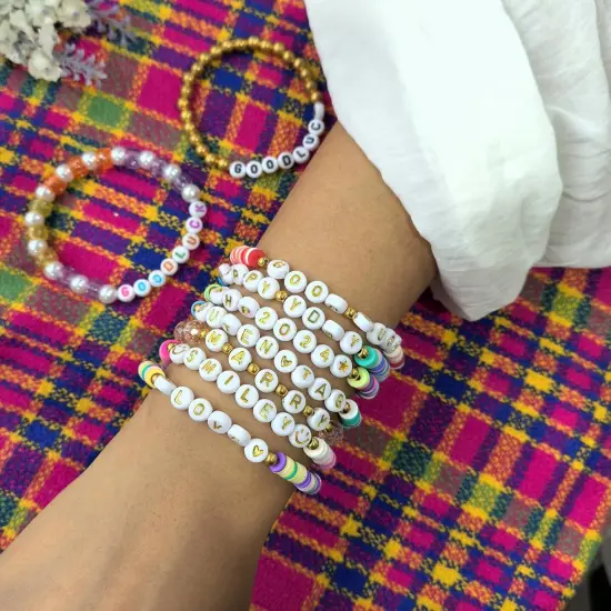 1400pcs Letter Beads A-Z 4x7mm White On Gold Round Acrylic Alphabet Heart Beads and Beading Cord for Jewelry Making Bracelets Necklaces Key Chains {5}