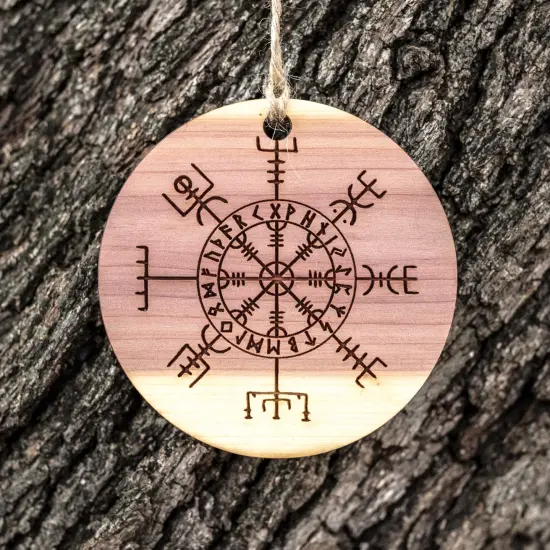 Viking Vegvisir Aegishjalmur - Raw Cedar Ornament 3x3in {2}