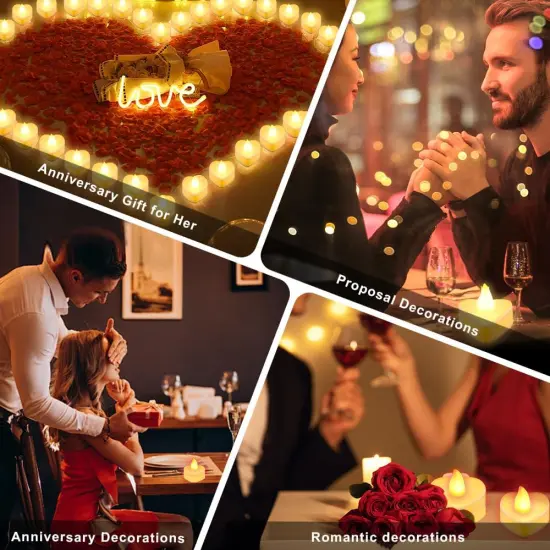 2000 Pcs Red Artificial Rose Petals with 24 Pcs Heart Shape Flameless Led Candles,Rose Petals and Candles Set,Romantic Decorations {4}