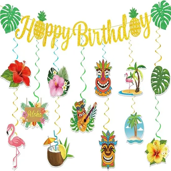 Hawaiian Happy Birthday Banner,Luau Birthday Party Decorations Aloha Summer Beach Themed Glittery Flower Garland Tiki Flamingo Pineapple Palm Leaves Tropical Party Decorations for Birthday Decor {1}