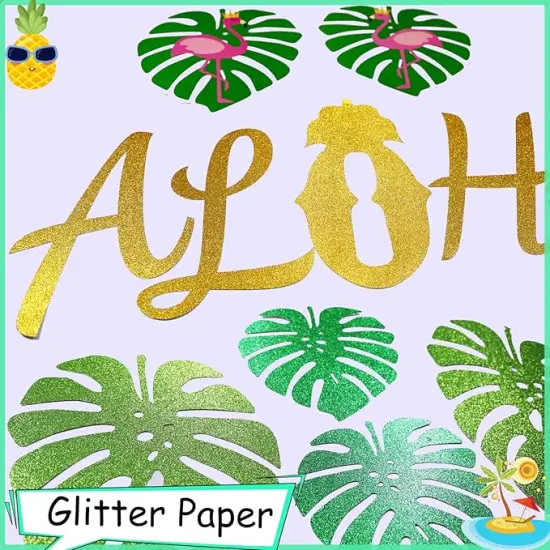 Upgraded, Aloha Banner Decorations, Luau Banner with Glittery Palm Leaves, for Summer Tropical Hawaiian Themed Party Decorations Supplies {4}