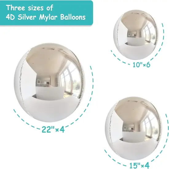 14pcs Mylar Balloons - 22in, 15in, 10in Different Sizes Large Metallic Silver Foil Balloons Chrome Decor | 360 Degree 4d Round Helium Balloon {2}