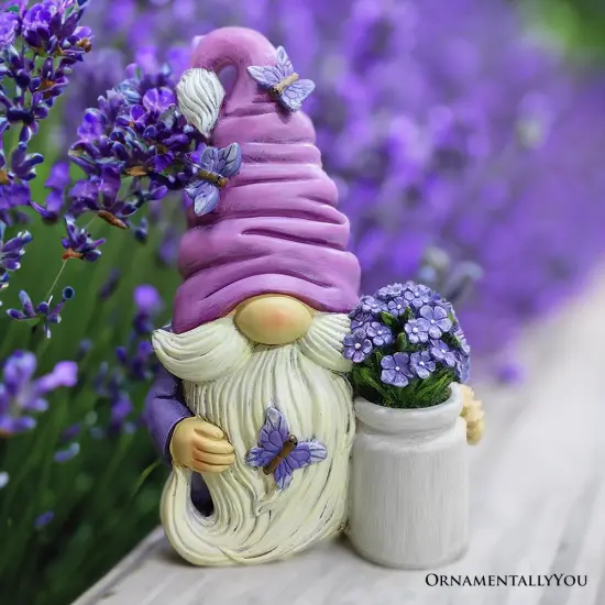 Garden Grace Lavender Gnome Figurine, 10"Purple Home Decor Statue with Butterflies and Flowers {1}