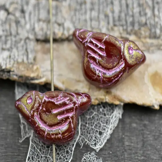 *6* 11x22mm Metallic Pink Washed Golden Opaque Red Bird Beads {3}