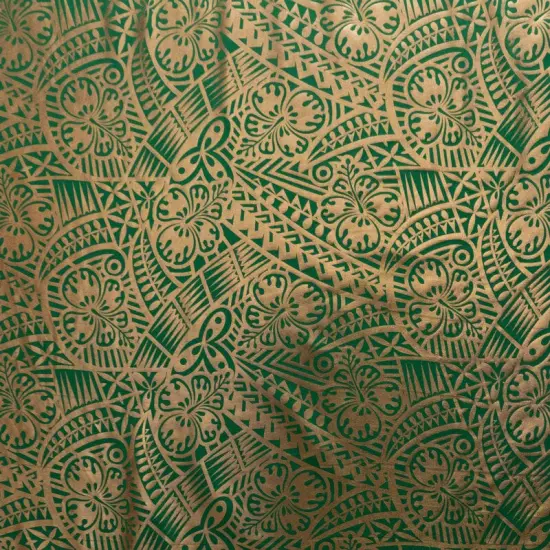 1 Yard Traditional Polynesian Tattoo Hibiscus Design Fabric Polyester Foil 60 Inches Width Green/Gold {1}