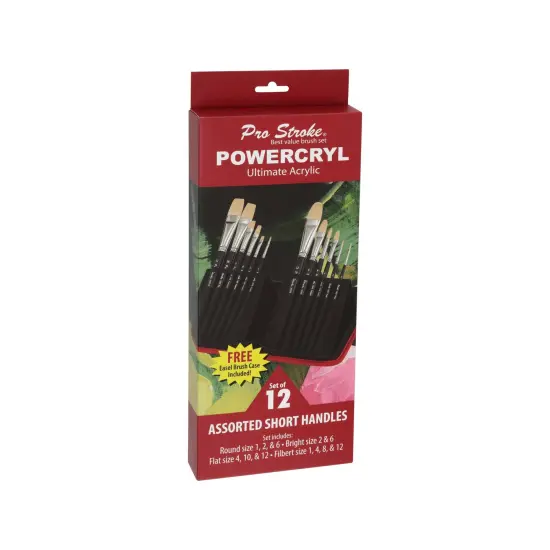 Creative Mark Powercryl Ultimate Acrylic Paint Brushes Set of 12 - Short Handle Artist Paint Brushes with Zippered Easel Carrying Case - Assorted Round, Bright, Flat and Filbert {7}