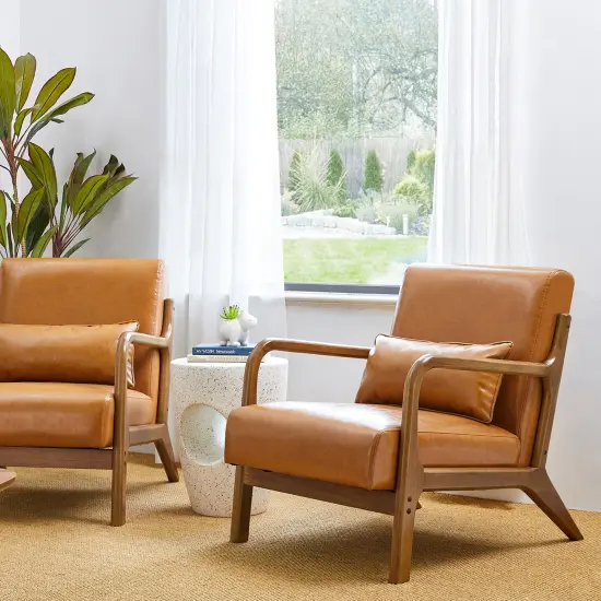 Set of 2 30.75"H Mid-Century Modern PU Leather Armchair Accent Chairs with Pillow Camel {6}