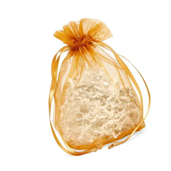 Wide Round Flat Bottom Organza Bags 6 1/2 '' X 4 '' X 7 '' for Gifts Wrapping Gold {3}