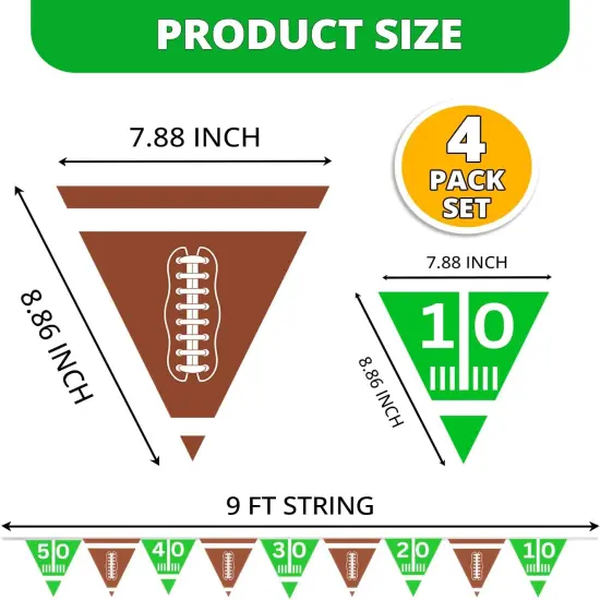 4E's Novelty 4 Pcs Football Flag Banner - 9ft Football Pennant Banner, Game Day Decor {5}