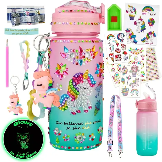 Glow in The Dark Decorate Your Own Water Bottle Kit,Unicorn Toy Gift for 4-6-8-10-12 Year Old Girl,Craft Toy for Age 3 4 5 6 7 8 9 10 Girl,Kid Teen Water Bottle Sticker for School Christmas Birthday {1}