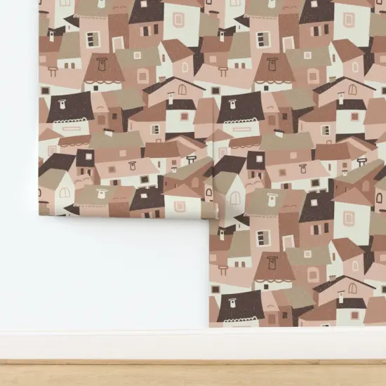 Peel & Stick Wallpaper 2FT Wide Whimsical Houses Rooftops Abstract Village Monochromatic Town Achitectural Earth Tone Cute Large Scale Custom Removable Wallpaper by Spoonflower {2}