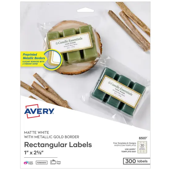 Avery Printable Address Labels, 1" x 2-5/8", Matte White with Metallic Gold Borders, Permanent, Laser & Inkjet Compatible, 300 Blank Mailing Labels (6507) {1}