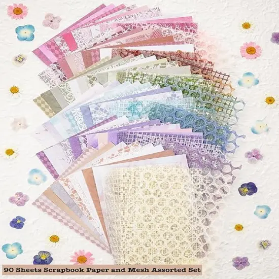 90 Sheets Scrapbook Paper and Decorative Mesh Fabric Assorted Set - 6 Pack Mixed Special Paper for Scrapbooking Planner Bullet Junk Journal Supplies Mixed Media Collage Card Embellishment 5.1x7 Inch {3}