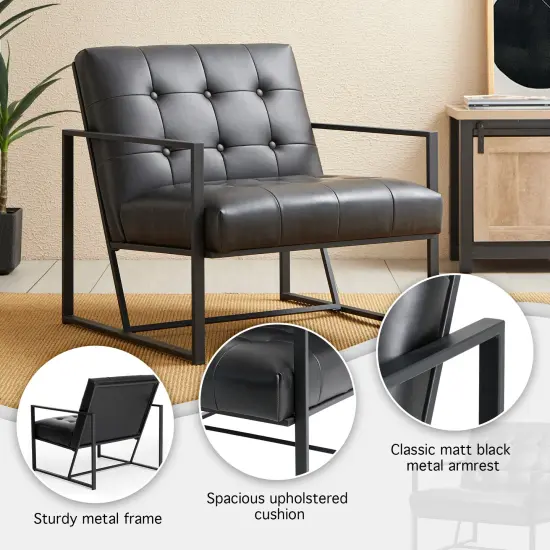 30.5"H Mid-Century Modern Leatherette Button-tufted Accent Arm Chair with Black Metal Frame {3}