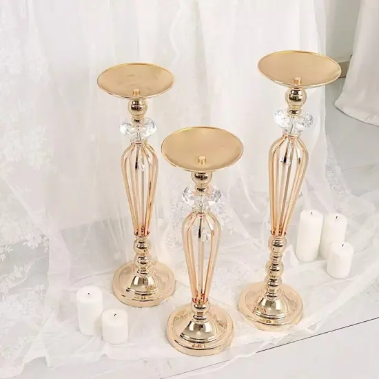 3 Gold Metal Crystals Pillar CANDLE HOLDERS Flower Ball Pedestal Stands Party {2}