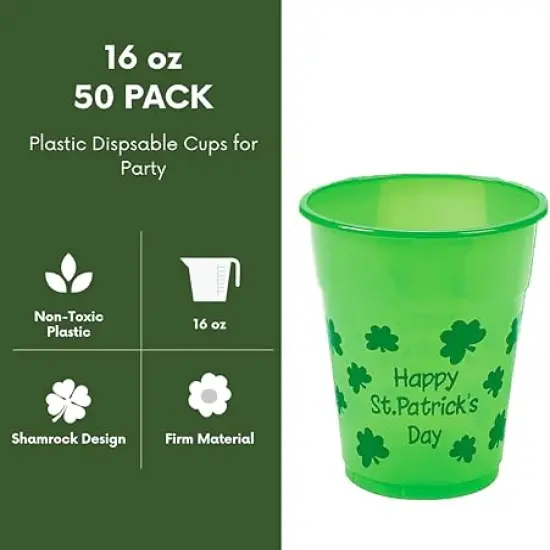 50 Pcs St Patricks Day Party Cups Disposable Plastic 16 Oz Bulk Party Supplies for Kids Adults By 4E&rsquo;s Novelty {5}