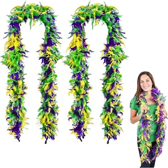 4E's Novelty 2 Pcs Mardi Gras Feather Boa 6 Ft / 72 Inch Long - Great Accessory for Mardi Gras Outfits for Women & Men, Mardi Gras Costumes for Party {1}
