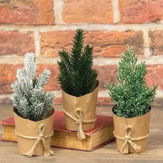 Faux Evergreen Mini Trees with Snow Frost and Jute Tie Rustic Paper Wrapped 3 Asstd. {2}