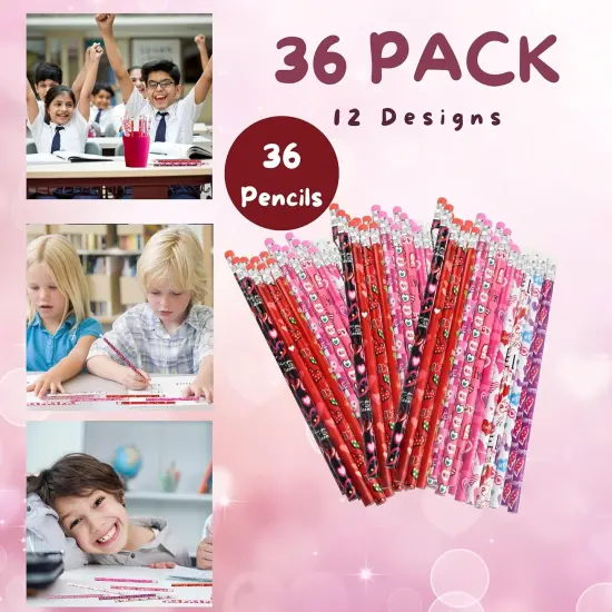 4E's Novelty 36 Pack - Valentines Pencils for Kids, Bulk with Erasers, Heart Themed Party Favors {4}