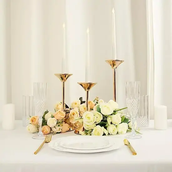 3 Gold Candlestick Stands 3-Disk Design Taper CANDLE HOLDERS Set Party Events {2}
