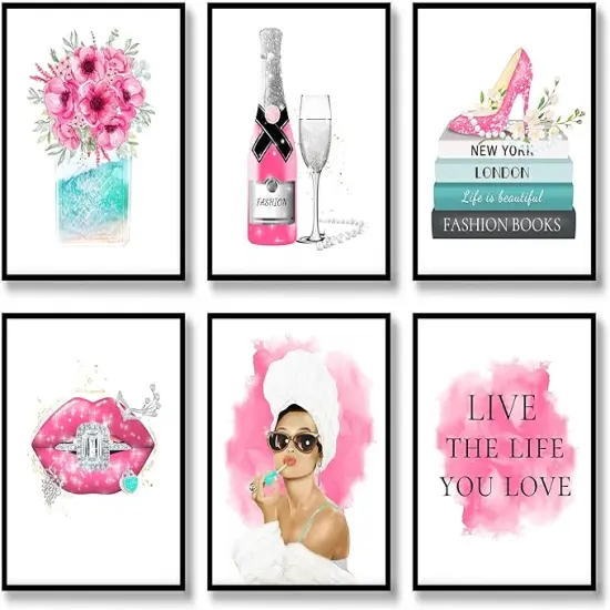 Fashion Wall Art Prints Set of 6 Canvas Modern Famous Women Posters Fashion Wall Decor Champagne Lips Books High Heels Perfume Pictures Photos for Room (8"x10" UNFRAMED) {1}