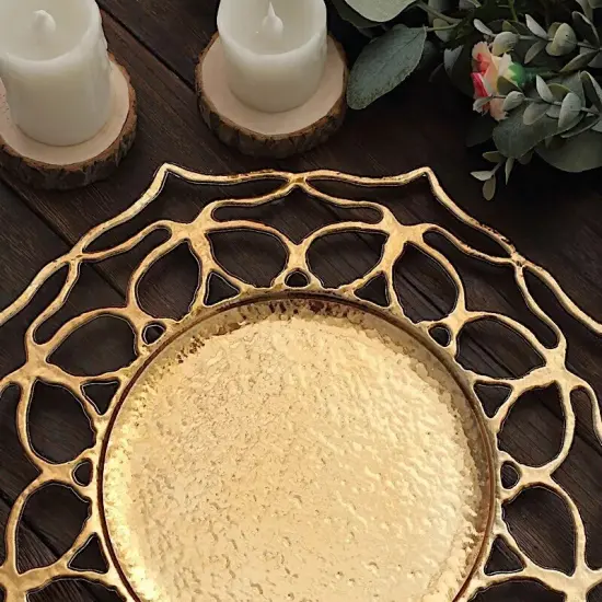 6 Gold 13" Acrylic Round CHARGER PLATES Flower Cutout Design Party Decorations {2}
