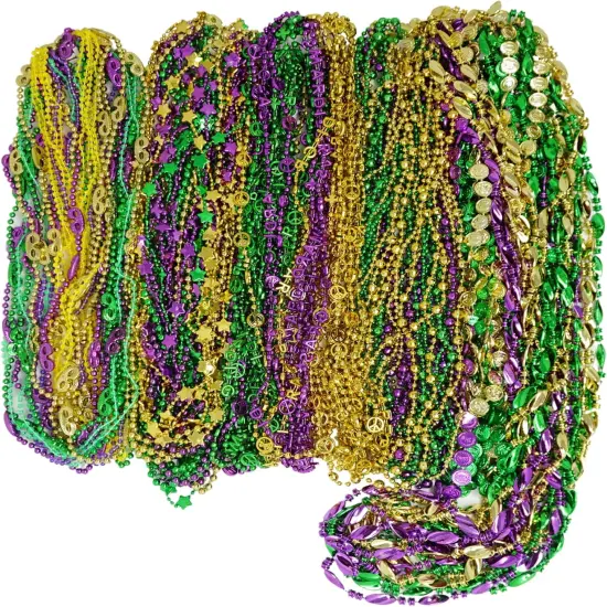 4E's Novelty Bead Assortment Mardi Gras Bulk (100 Pcs) - Metallic Purple, Gold, Green Necklaces, Unique Designs, Party Favors {6}
