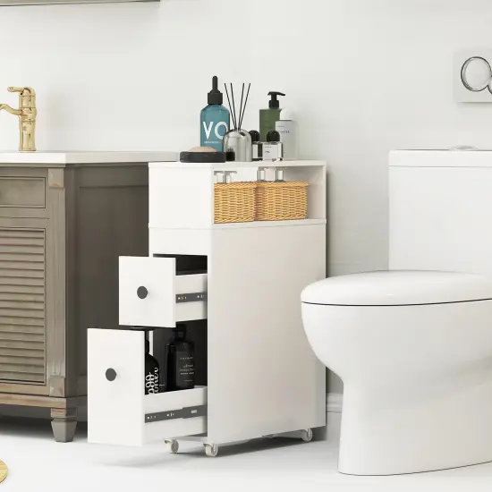 Costway Movable Bathroom Storage Cabinet Narrow Toilet Side Paper Holder w/ 2 Drawers {2}