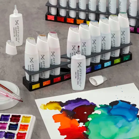 Artfinity Alcohol Ink Set of 10 Colors (25 ml) with Free Acrylic Stand - For Painting or Alcohol Marker Refill Ink, Acid-Free, Fast-Drying, Permanent, Transparent, Includes Template for Swatches {6}