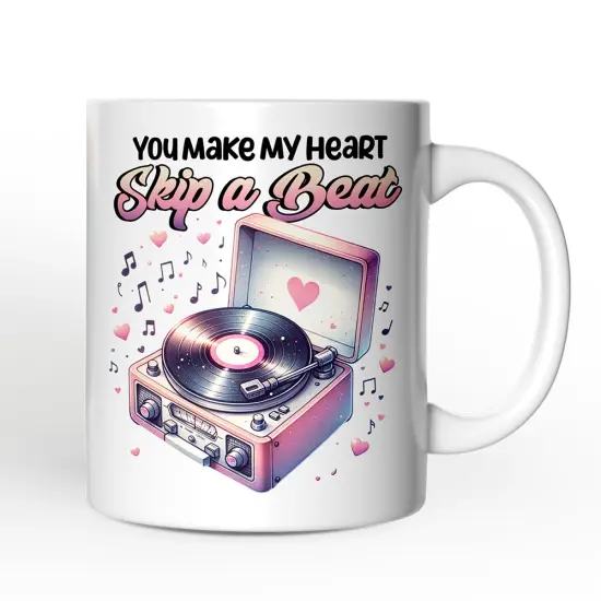 You Make My Heart Skip a Beat Mug, Vintage Turntable Vinyl Record Player Cute Gift {4}