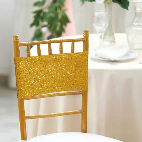 10 Pieces Glamorous Gold Sequin Stretch Spandex Chair Bands 7 x 13 Inches {3}