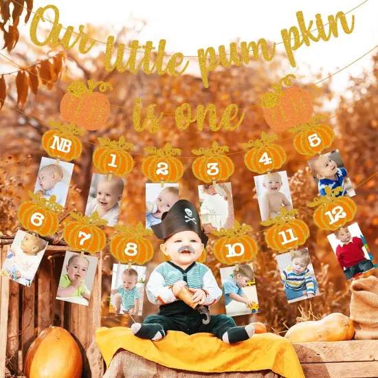 Fall Pumpkin 1st Birthday Photo Banner - Autumn Milestone Photograph Bunting {4}