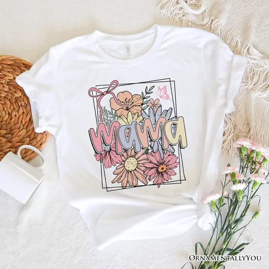 Floral Mama Coquette Bow Pastel T-Shirt, White and Natural Boho Tee With Spring Flower {7}