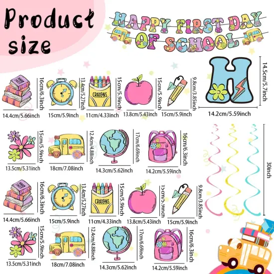 Happy First Day of School Banner, 59pcs Welcome Back to School Party Decorations for Classroom Hanging Swril 1st Day of School Classroom Party Supplies {2}