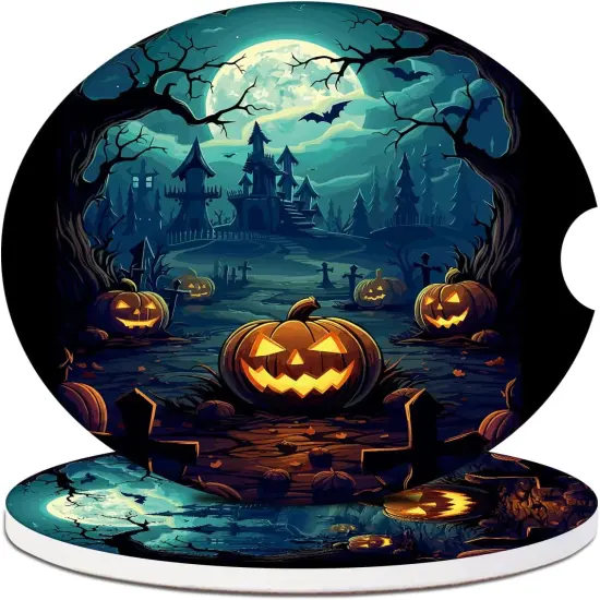 Pack of 2 -Cup Holders Car Coasters - Halloween Night Pumpkins Absorbent Ceramic Coaster {1}