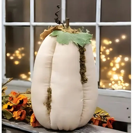 White Fabric Weighted Stuffed Pumpkin with Faux Moss and Burlap Leaves {2}