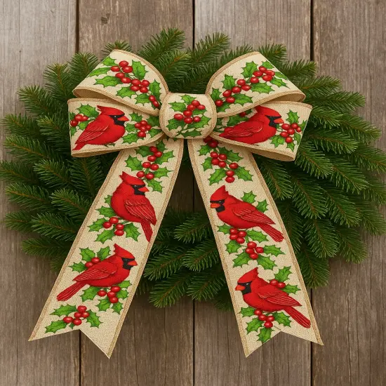 Designer&rsquo;s Shop WR 63-5204 Holiday Red Cardinals with holly and red berries Wired edge ribbon 2.5&rdquo; x 10 yard {5}