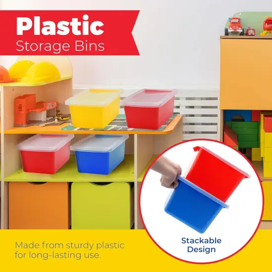 4E's Novelty Plastic Storage Bins with Lids, 5 Qt, 3 Pack, Colorful Plastic Cubby Storage Bins, Stackable Organizer Cubbies for Classroom or Home (11.4" x 7.75" x 5") {4}